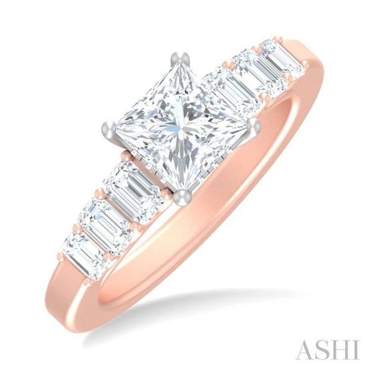 1 ctw Princess Shape Emerald and Round Cut Diamond Semi Mount Engagement Ring in 14K Rose and White Gold