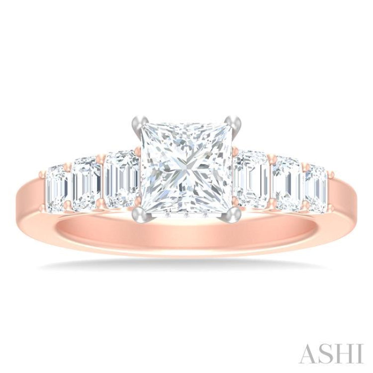 1 ctw Princess Shape Emerald and Round Cut Diamond Semi Mount Engagement Ring in 14K Rose and White Gold