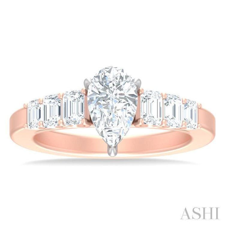 1 ctw Pear Shape Emerald and Round Cut Diamond Semi Mount Engagement Ring in 14K Rose and White Gold