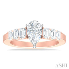 1 ctw Pear Shape Emerald and Round Cut Diamond Semi Mount Engagement Ring in 14K Rose and White Gold