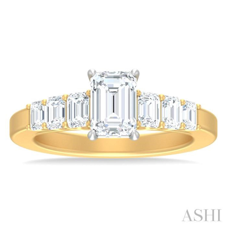 1 ctw Emerald Shape Emerald and Round Cut Diamond Semi Mount Engagement Ring in 14K Yellow and White Gold