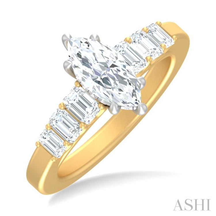 1 ctw Marquise Shape Emerald and Round Cut Diamond Semi Mount Engagement Ring in 14K Yellow and White Gold