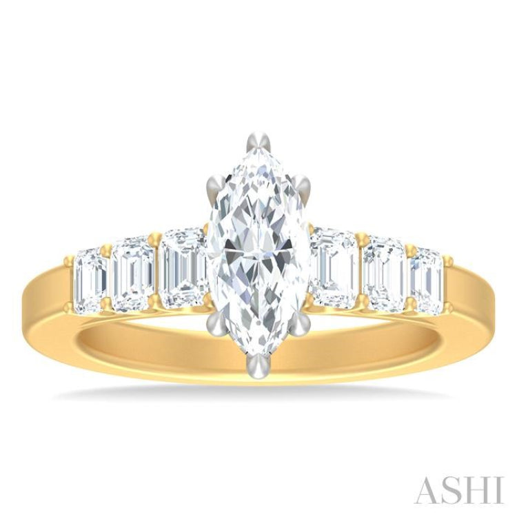 1 ctw Marquise Shape Emerald and Round Cut Diamond Semi Mount Engagement Ring in 14K Yellow and White Gold