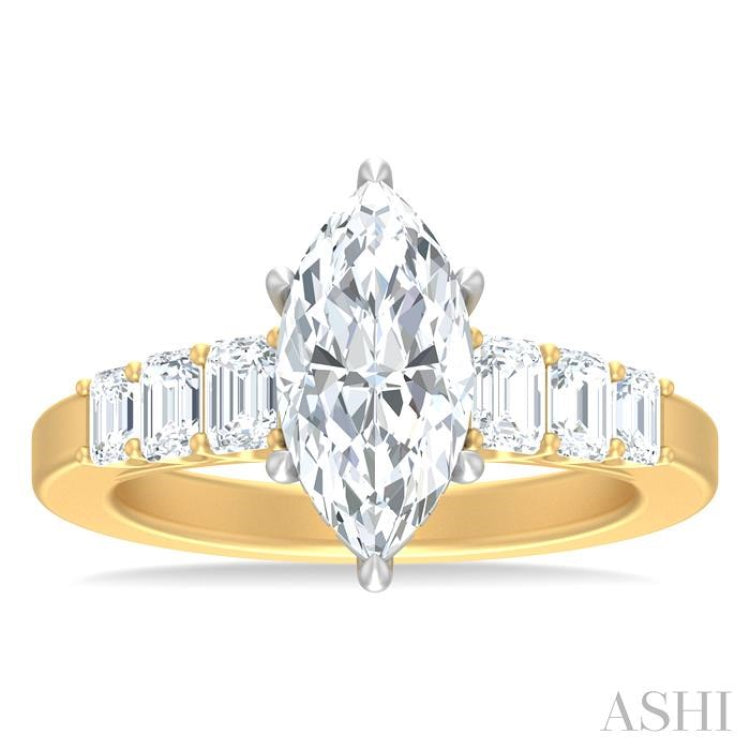 1 ctw Marquise Shape Emerald and Round Cut Diamond Semi Mount Engagement Ring in 14K Yellow and White Gold
