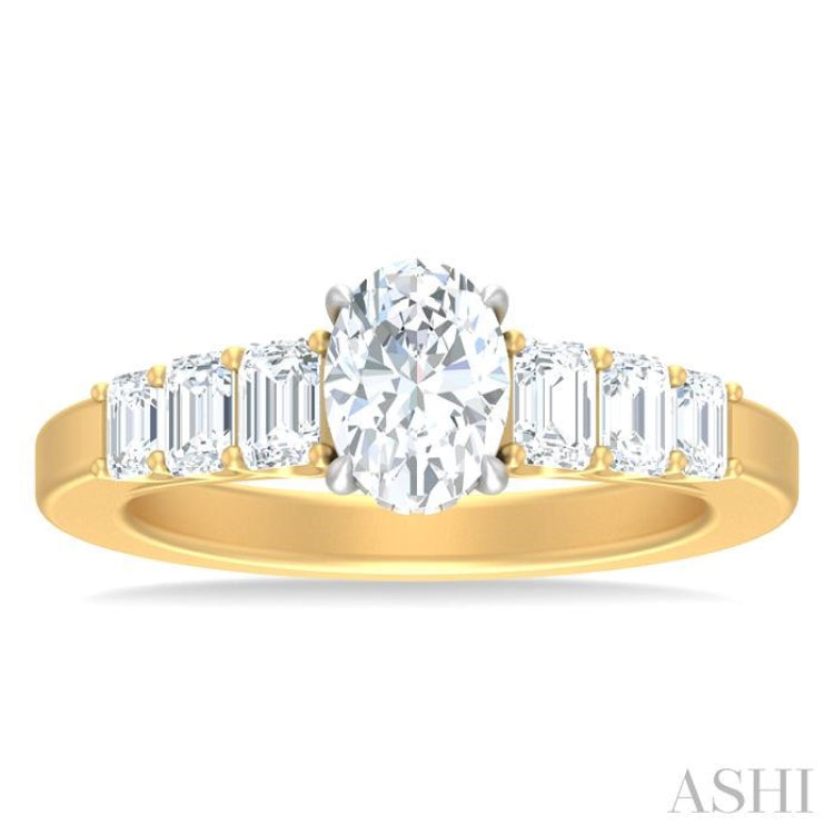 1 ctw Oval Shape Emerald and Round Cut Diamond Semi Mount Engagement Ring in 14K yellow and White Gold