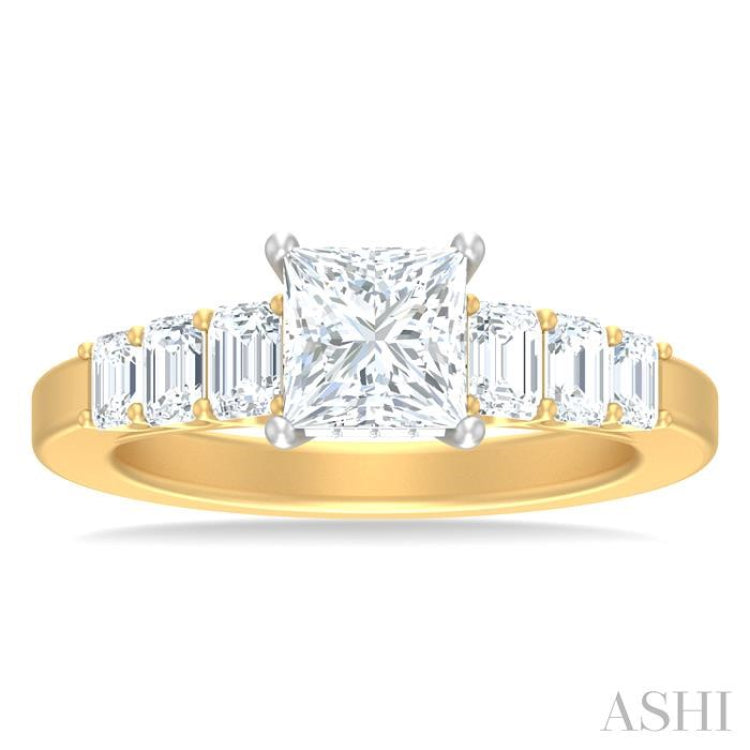 1 ctw Princess Shape Emerald and Round Cut Diamond Semi Mount Engagement Ring in 14K Yellow and White Gold