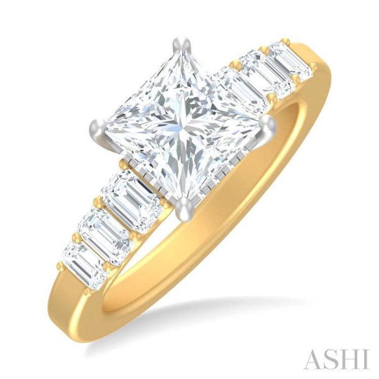1 ctw Princess Shape Emerald and Round Cut Diamond Semi Mount Engagement Ring in 14K Yellow and White Gold