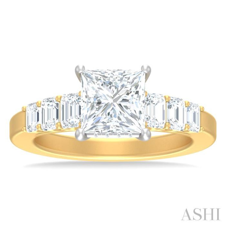 1 ctw Princess Shape Emerald and Round Cut Diamond Semi Mount Engagement Ring in 14K Yellow and White Gold