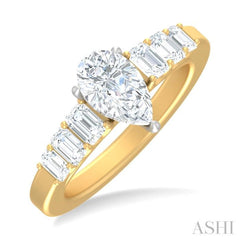 1 ctw Pear Shape Emerald and Round Cut Diamond Semi Mount Engagement Ring in 14K Yellow and White Gold