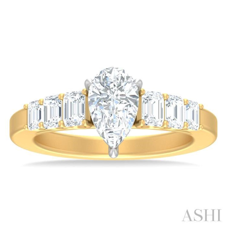 1 ctw Pear Shape Emerald and Round Cut Diamond Semi Mount Engagement Ring in 14K Yellow and White Gold