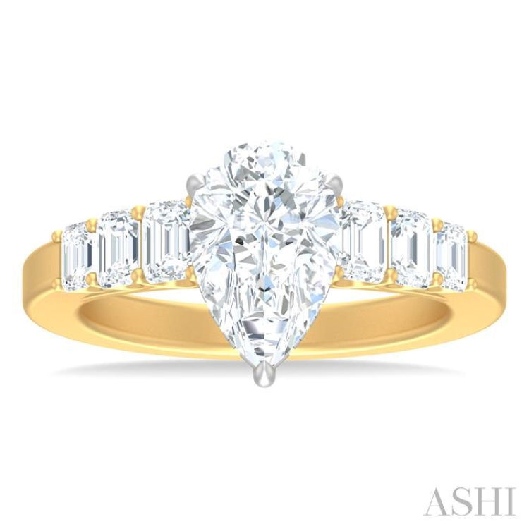 1 ctw Pear Shape Emerald and Round Cut Diamond Semi Mount Engagement Ring in 14K Yellow and White Gold