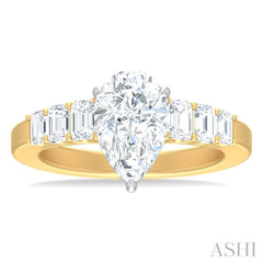 1 ctw Pear Shape Emerald and Round Cut Diamond Semi Mount Engagement Ring in 14K Yellow and White Gold
