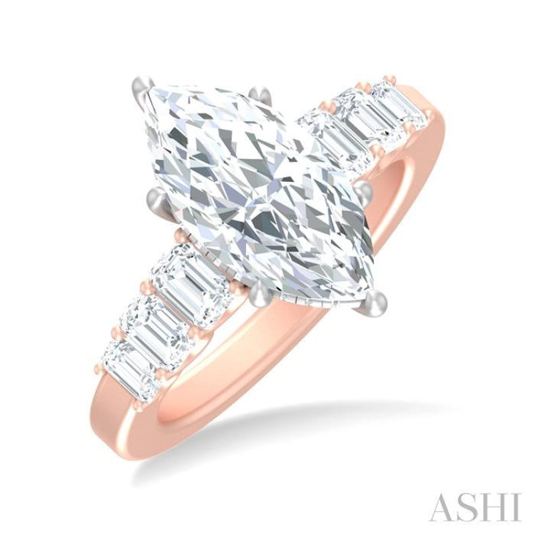 1 1/5 ctw Marquise Shape Emerald and Round Cut Diamond Semi Mount Engagement Ring in 14K Rose and White Gold