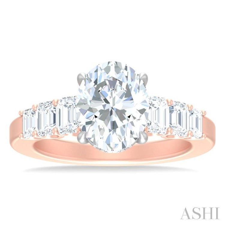 1 1/4 ctw Oval Shape Emerald and Round Cut Diamond Semi Mount Engagement Ring in 14K Rose and White Gold