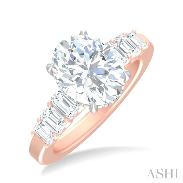 1 1/4 ctw Oval Shape Emerald and Round Cut Diamond Semi Mount Engagement Ring in 14K Rose and White Gold