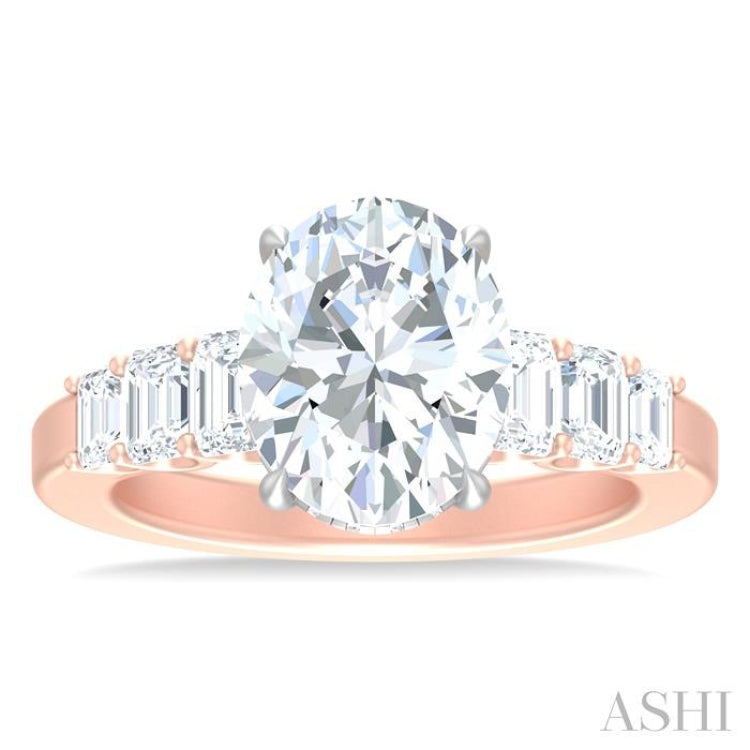 1 1/4 ctw Oval Shape Emerald and Round Cut Diamond Semi Mount Engagement Ring in 14K Rose and White Gold