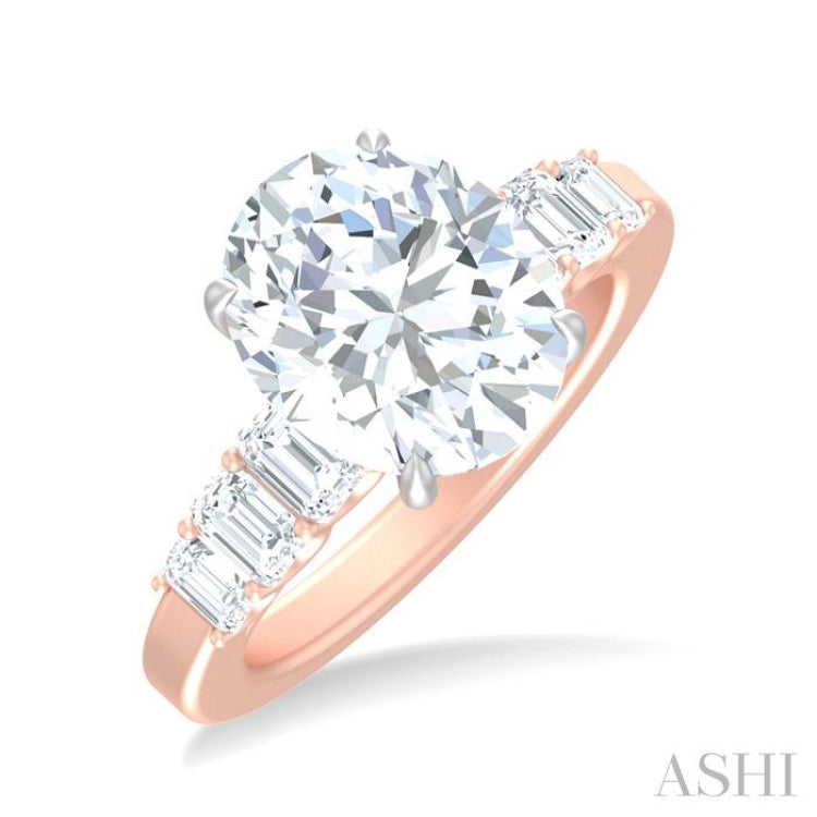 1 1/4 ctw Oval Shape Emerald and Round Cut Diamond Semi Mount Engagement Ring in 14K Rose and White Gold