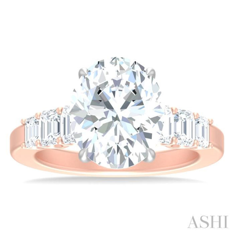 1 1/4 ctw Oval Shape Emerald and Round Cut Diamond Semi Mount Engagement Ring in 14K Rose and White Gold