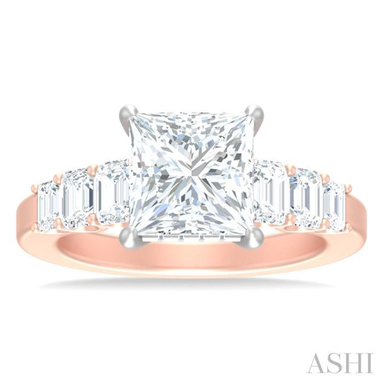 1 1/4 ctw Princess Shape Emerald and Round Cut Diamond Semi Mount Engagement Ring in 14K Rose and White Gold