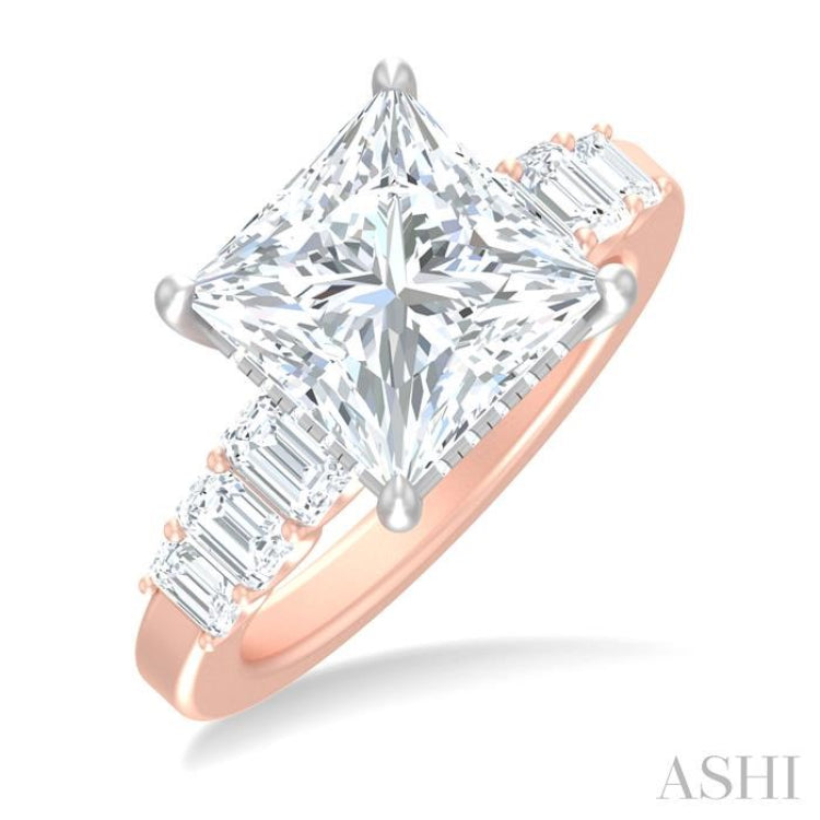 1 1/4 ctw Princess Shape Emerald and Round Cut Diamond Semi Mount Engagement Ring in 14K Rose and White Gold