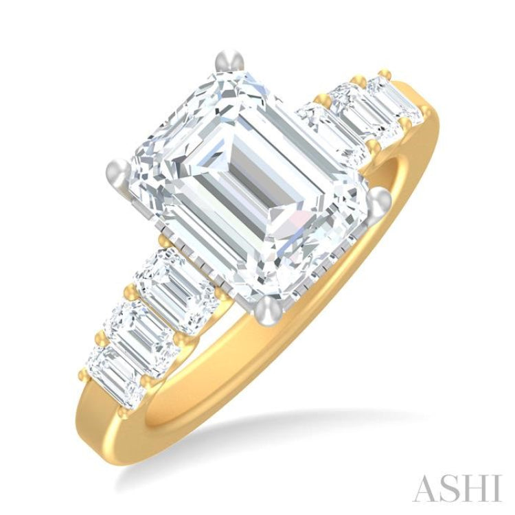 1 1/4 ctw Emerald Shape Emerald and Round Cut Diamond Semi Mount Engagement Ring in 14K Yellow and White Gold