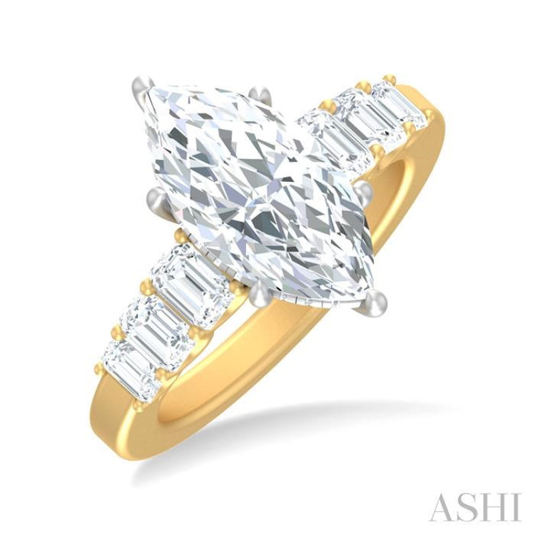 1 1/5 ctw Marquise Shape Emerald and Round Cut Diamond Semi Mount Engagement Ring in 14K Yellow and White Gold