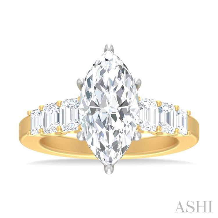 1 1/5 ctw Marquise Shape Emerald and Round Cut Diamond Semi Mount Engagement Ring in 14K Yellow and White Gold