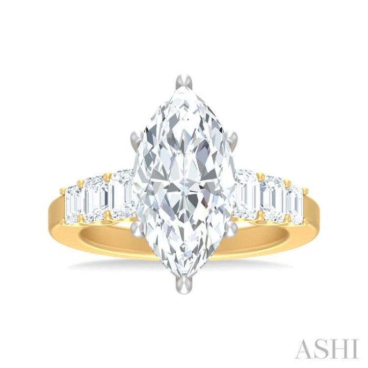 1 1/4 ctw Marquise Shape Emerald and Round Cut Diamond Semi Mount Engagement Ring in 14K Yellow and White Gold
