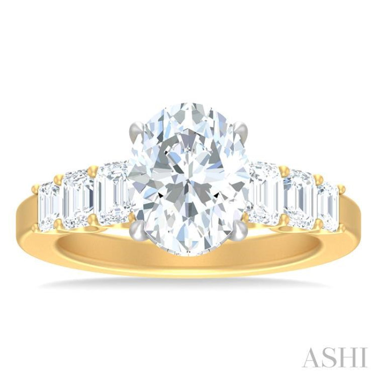 1 1/4 ctw Oval Shape Emerald and Round Cut Diamond Semi Mount Engagement Ring in 14K Yellow and White Gold