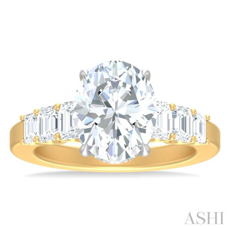 1 1/4 ctw Oval Shape Emerald and Round Cut Diamond Semi Mount Engagement Ring in 14K Yellow and White Gold