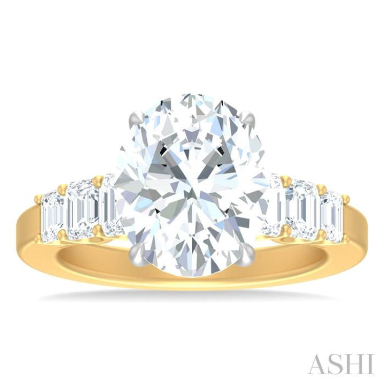 1 1/4 ctw Oval Shape Emerald and Round Cut Diamond Semi Mount Engagement Ring in 14K Yellow and White Gold