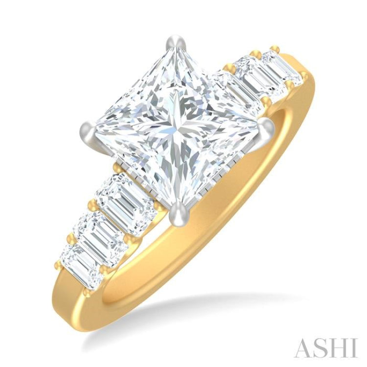 1 1/4 ctw Princess Shape Emerald and Round Cut Diamond Semi Mount Engagement Ring in 14K Yellow and White Gold