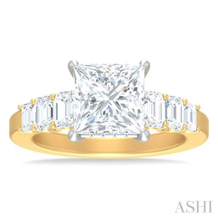 1 1/4 ctw Princess Shape Emerald and Round Cut Diamond Semi Mount Engagement Ring in 14K Yellow and White Gold