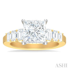 1 1/4 ctw Princess Shape Emerald and Round Cut Diamond Semi Mount Engagement Ring in 14K Yellow and White Gold