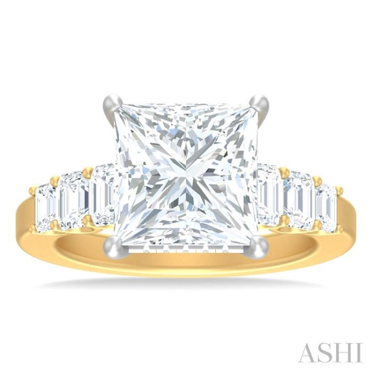 1 1/4 ctw Princess Shape Emerald and Round Cut Diamond Semi Mount Engagement Ring in 14K Yellow and White Gold