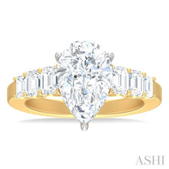 1 1/4 ctw Pear Shape Emerald and Round Cut Diamond Semi Mount Engagement Ring in 14K Yellow and White Gold