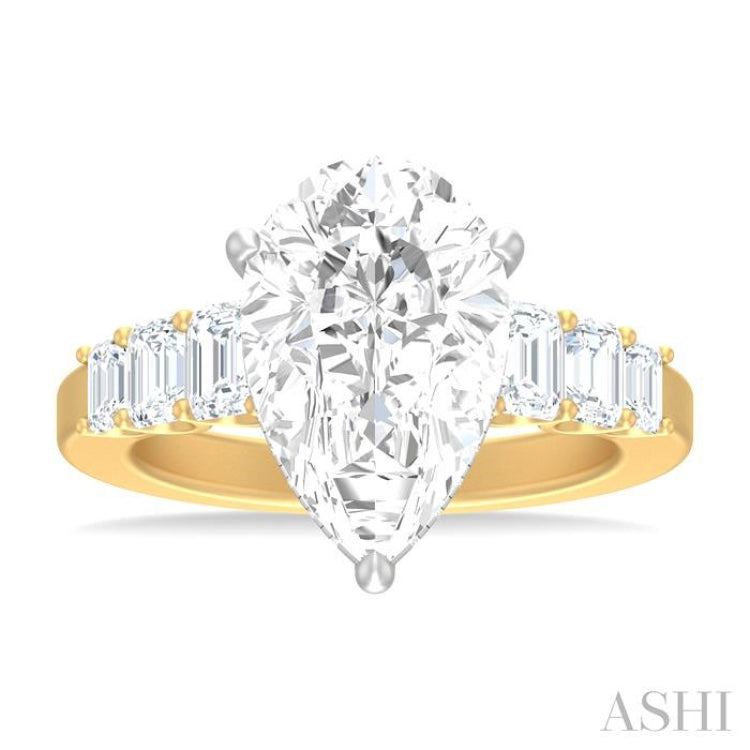 1 1/4 ctw Pear Shape Emerald and Round Cut Diamond Semi Mount Engagement Ring in 14K Yellow and White Gold