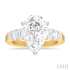 1 1/4 ctw Pear Shape Emerald and Round Cut Diamond Semi Mount Engagement Ring in 14K Yellow and White Gold
