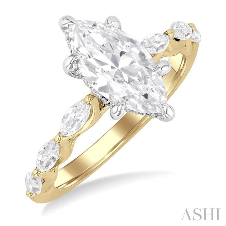 3/4 ctw Marquise Shape Marquise and Round Cut Diamond Semi Mount Engagement Ring in 14K Yellow and White Gold