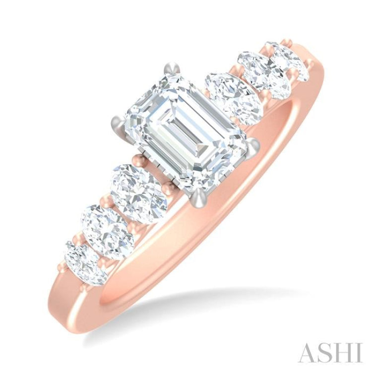 1 ctw Emerald Shape Oval and Round Cut Diamond Semi Mount Engagement Ring in 14K Rose and White Gold