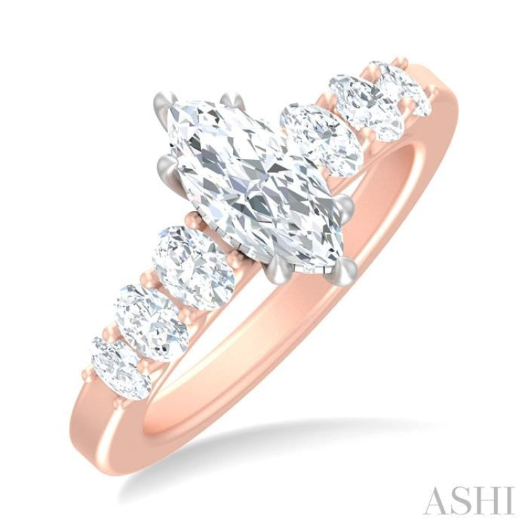 1 ctw Marquise Shape Oval and Round Cut Diamond Semi Mount Engagement Ring in 14K Rose and White Gold