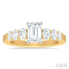 1 ctw Emerald Shape Oval and Round Cut Diamond Semi Mount Engagement Ring in 14K Yellow and White Gold