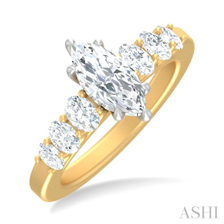 1 ctw Marquise Shape Oval and Round Cut Diamond Semi Mount Engagement Ring in 14K Yellow and White Gold