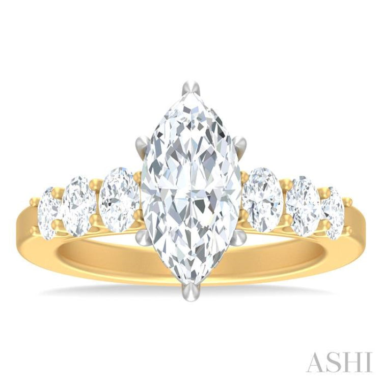 1 ctw Marquise Shape Oval and Round Cut Diamond Semi Mount Engagement Ring in 14K Yellow and White Gold