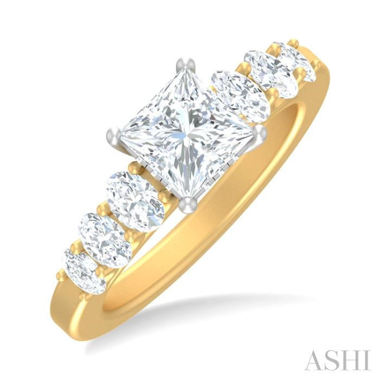 1 ctw Princess Shape Oval and Round Cut Diamond Semi Mount Engagement Ring in 14K Yellow and White Gold