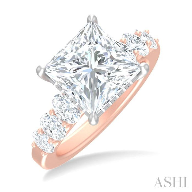 1 1/4 ctw Princess Shape Oval and Round Cut Diamond Semi Mount Engagement Ring in 14K Rose and White Gold