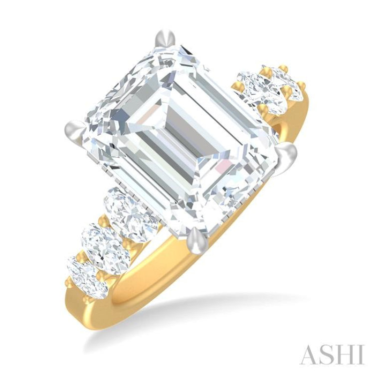 1 1/4 ctw Emerald Shape Oval and Round Cut Diamond Semi Mount Engagement Ring in 14K Yellow and White Gold