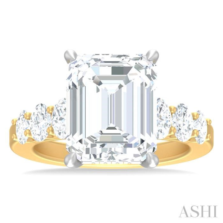 1 1/4 ctw Emerald Shape Oval and Round Cut Diamond Semi Mount Engagement Ring in 14K Yellow and White Gold