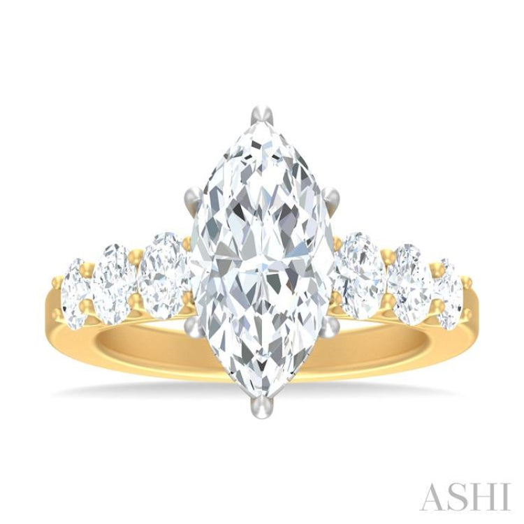 1 1/4 ctw Marquise Shape Oval and Round Cut Diamond Semi Mount Engagement Ring in 14K Yellow and White Gold