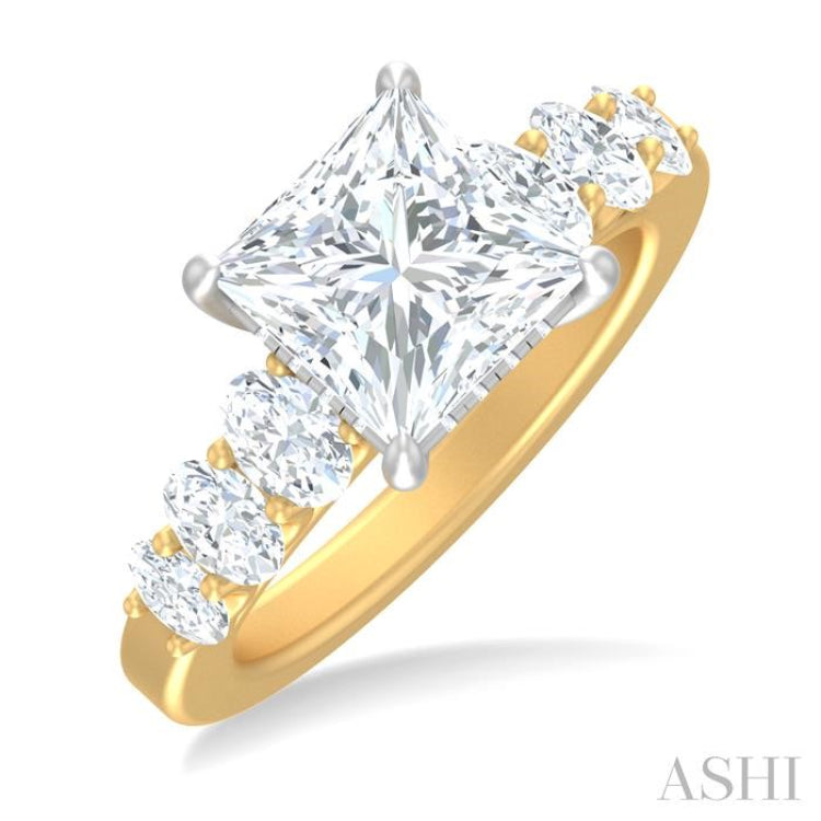 1 1/4 ctw Princess Shape Oval and Round Cut Diamond Semi Mount Engagement Ring in 14K Yellow and White Gold